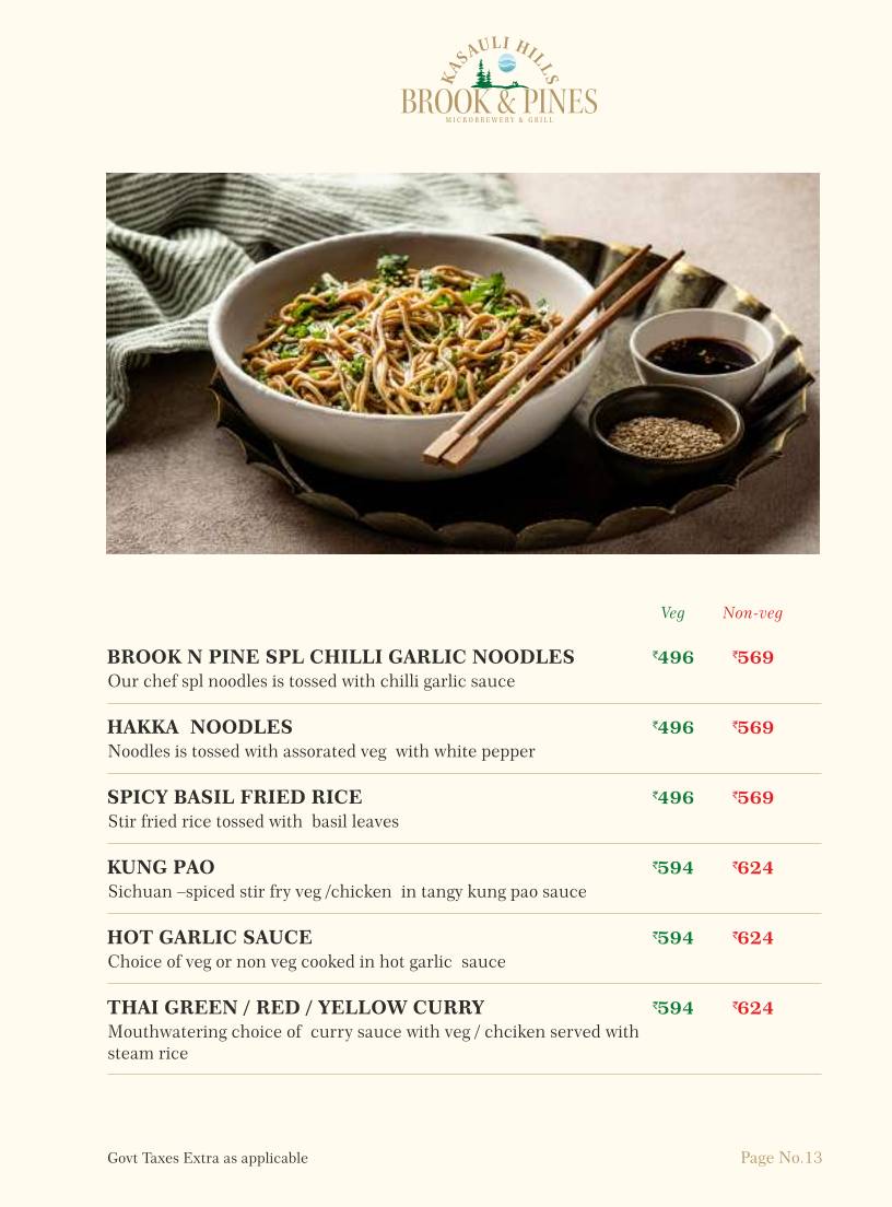 Brook & Pines Restaurant, Microbrewery & Grill menu