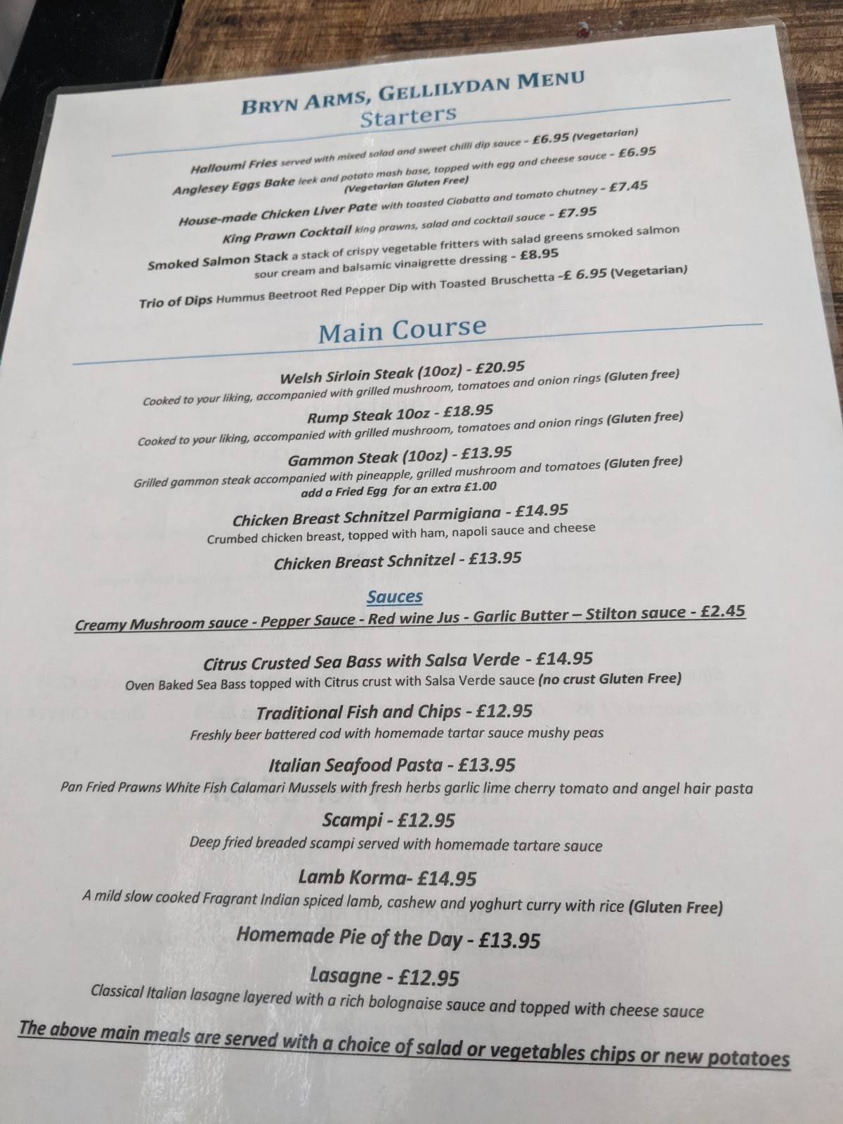 Menu at Bryn Arms restaurant, Gellilydan