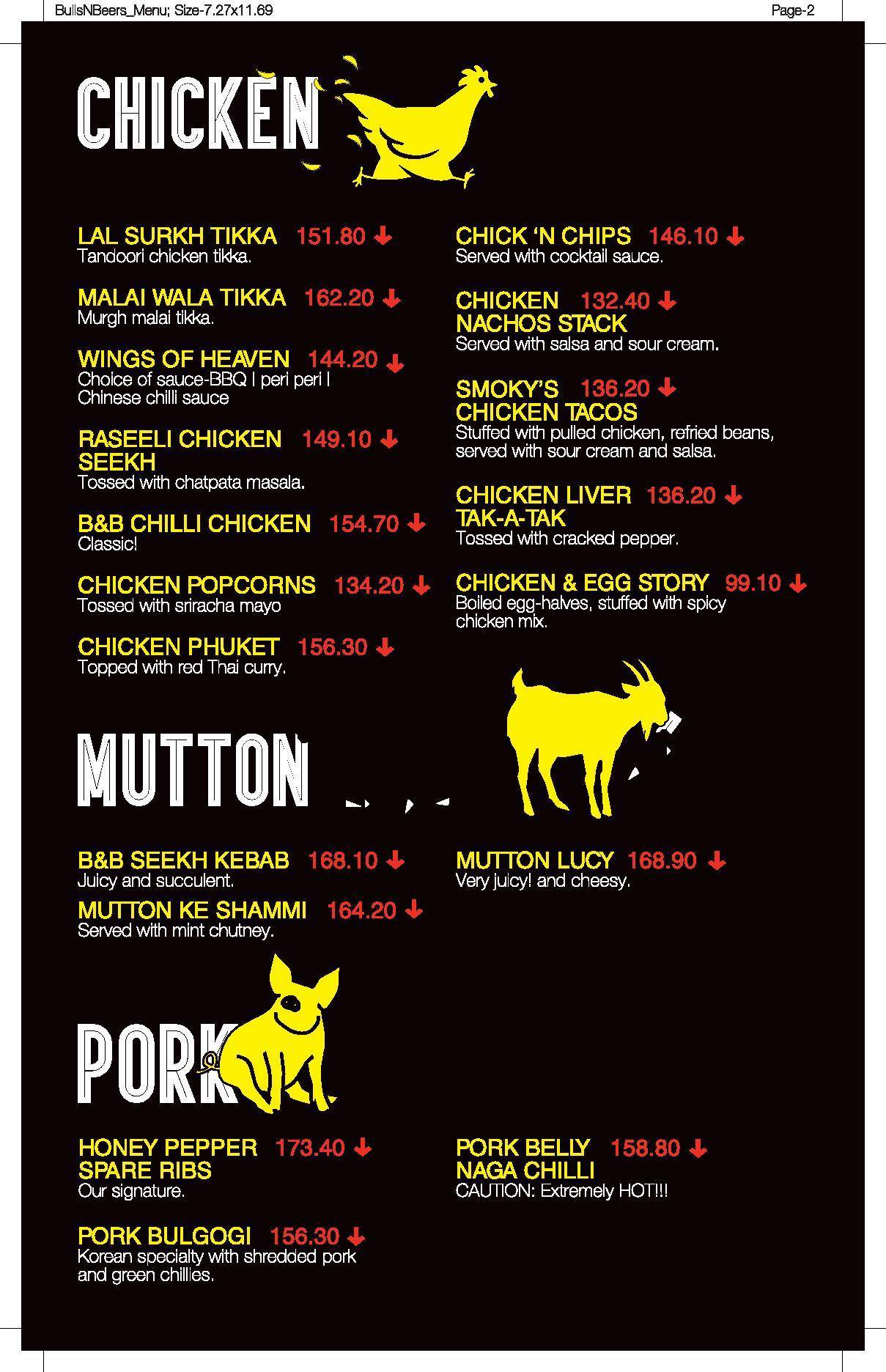 Bulls & Beers, MRP Bar menu