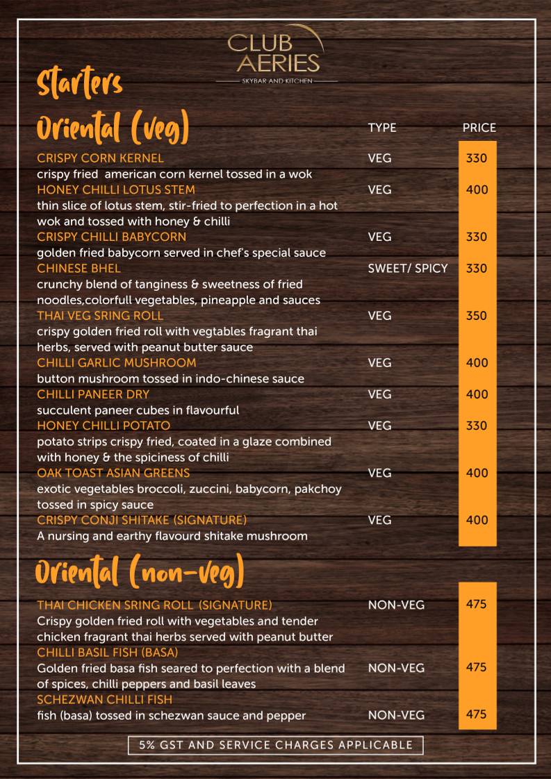CLUB AERIES - SKYBAR & KITCHEN menu