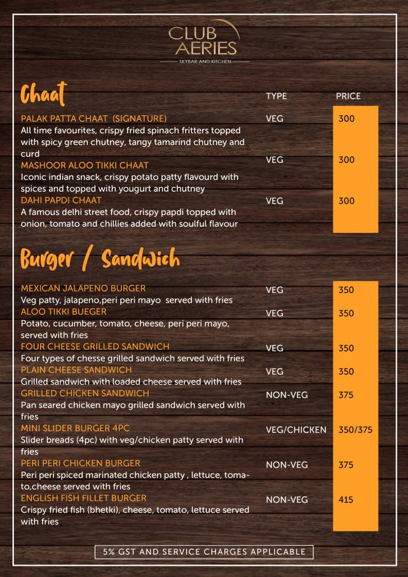 CLUB AERIES - SKYBAR & KITCHEN menu