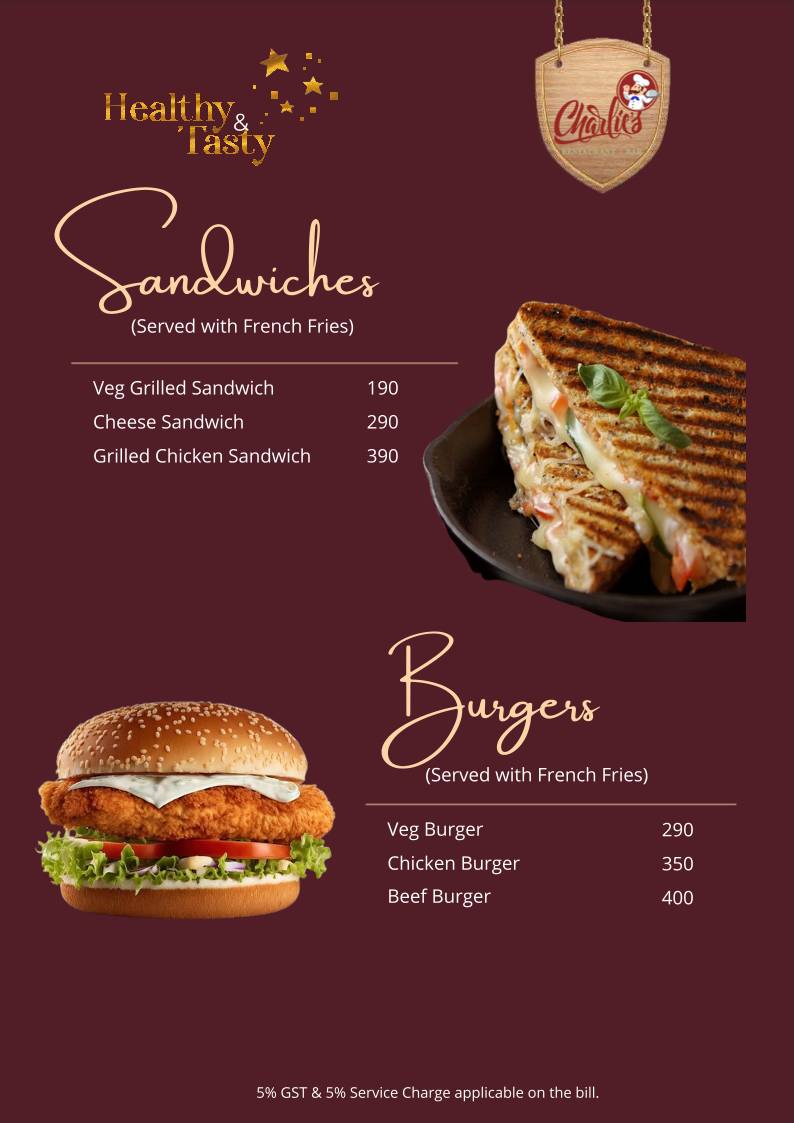 Charlie's Restaurant and Bar Restaurant in Vagator menu