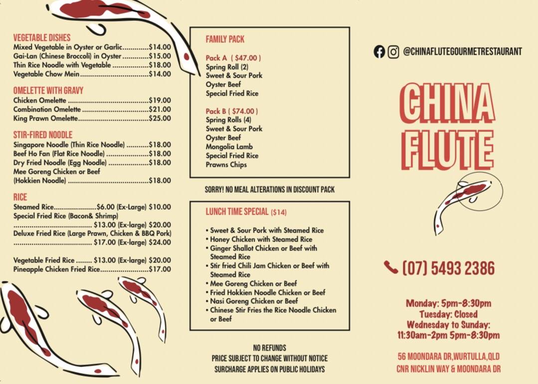 Menu at China Flute Asian Restaurant, Wurtulla
