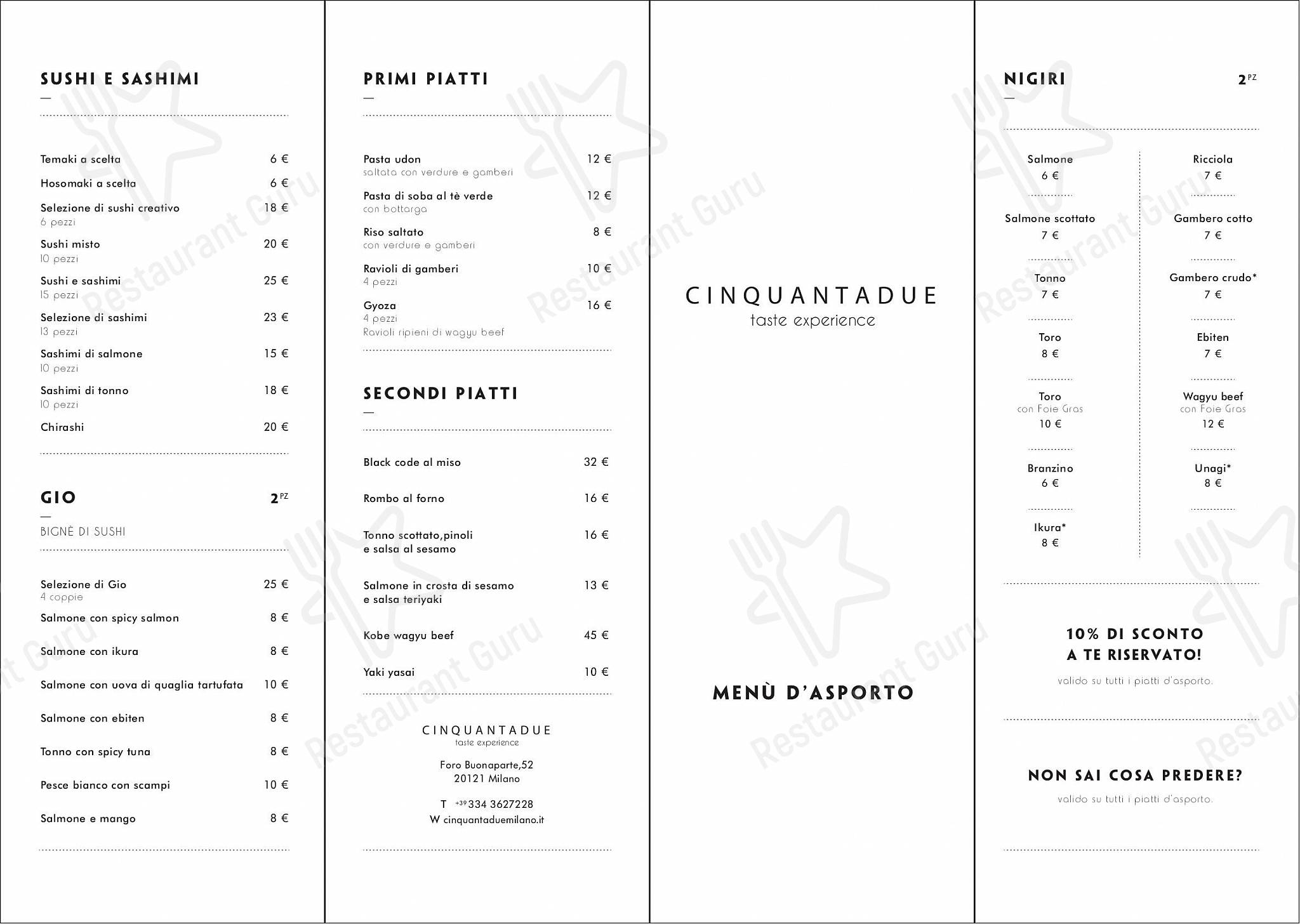 Cinquantadue Milano in Milano - Menu