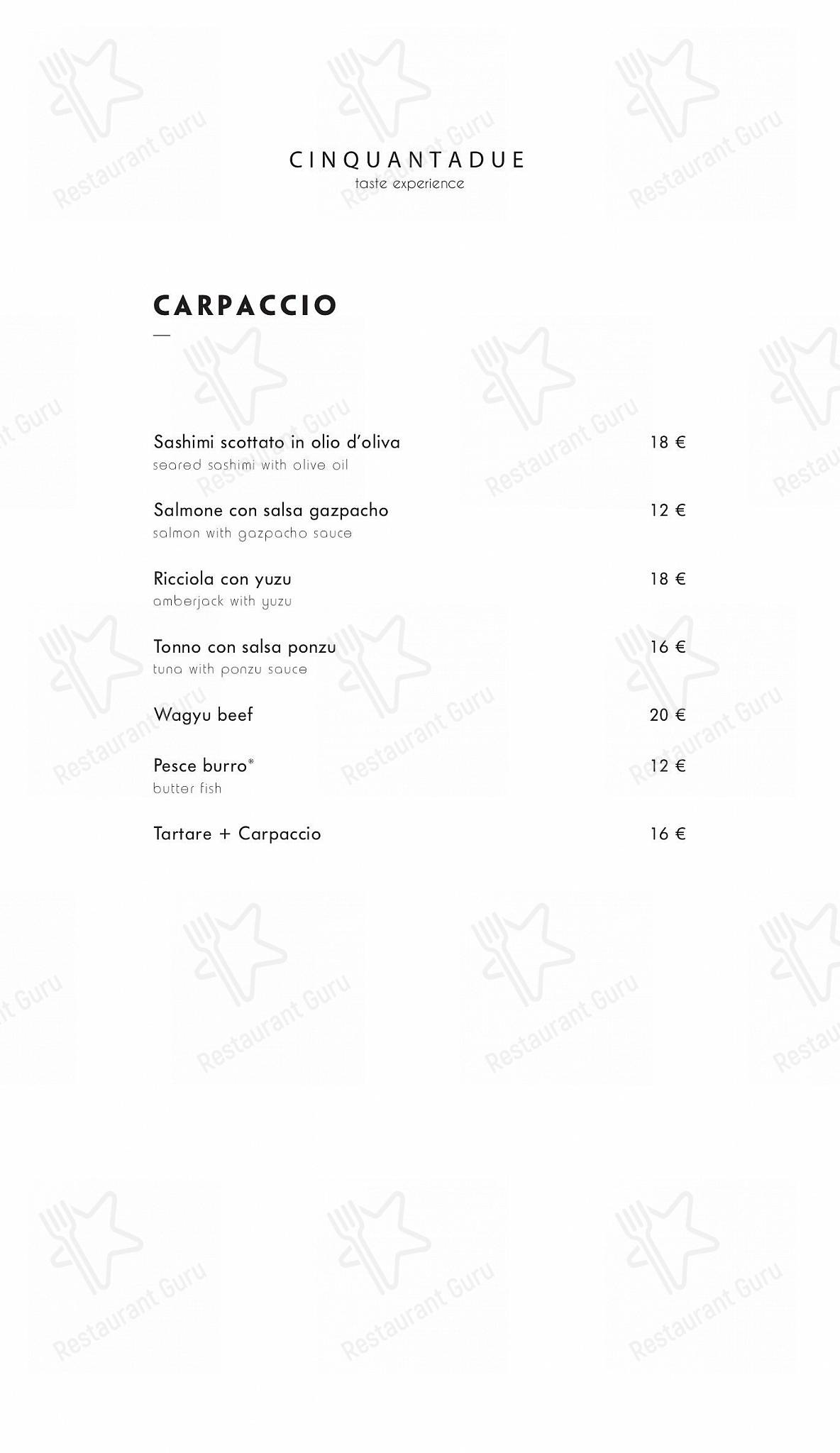Menu per Cinquantadue Milano ristorante