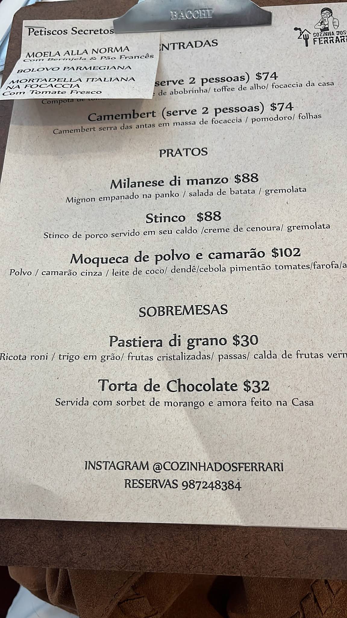 Cozinha dos Ferrari cardápio