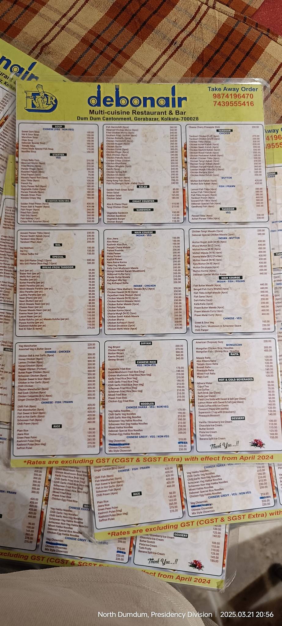 Debonair Restaurant & Bar menu