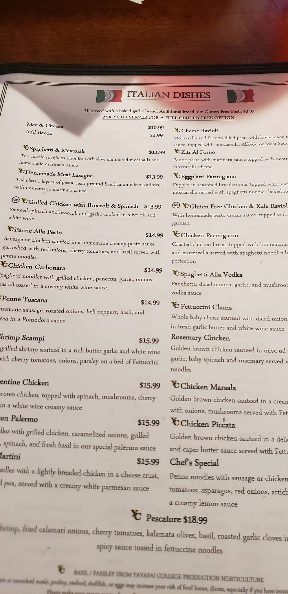 Menu at El Paraiso MexicanItalian Restaurant, Chino Valley