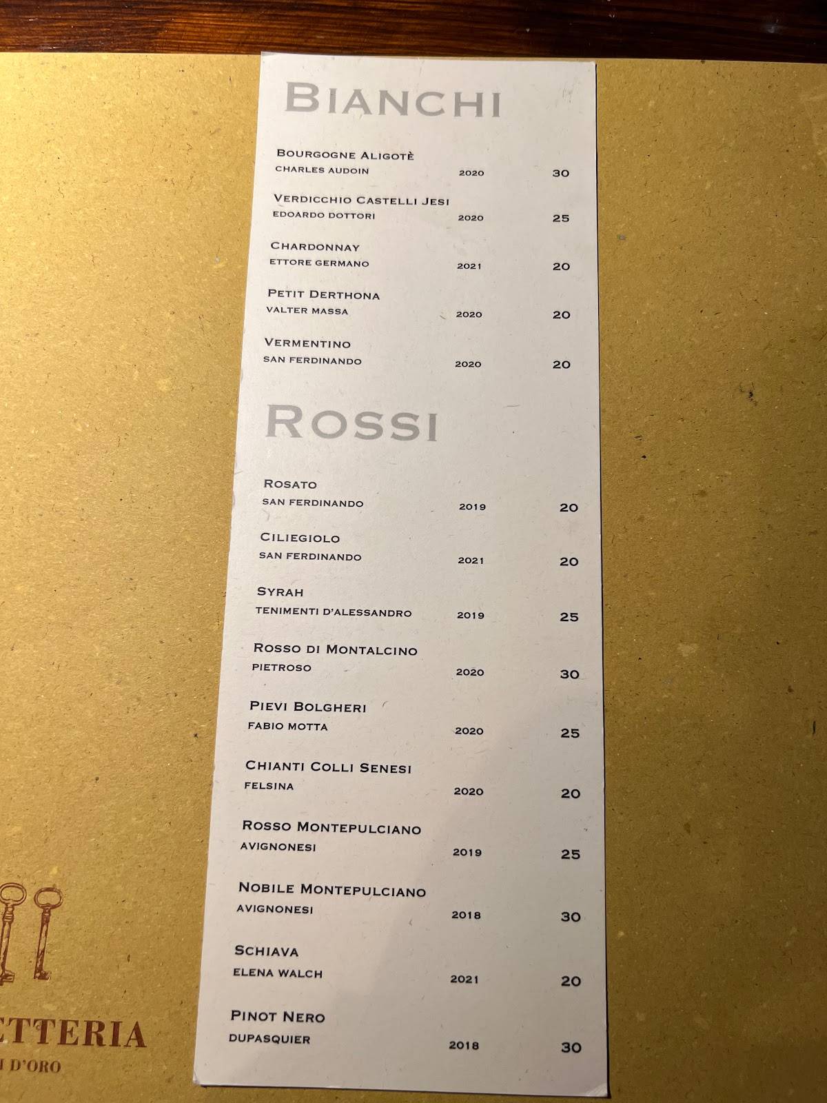 Menu di Fiaschetteria Le Chiavi D’oro
