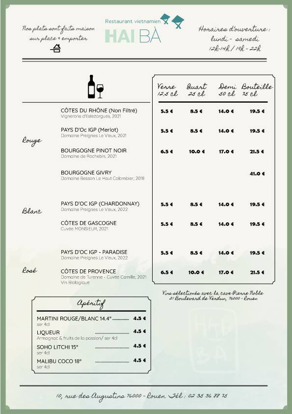 Menu de Hai Bà