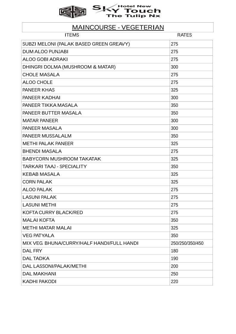 Hotel New Sky Touch Roof Top Family Restaurant Bar & Banquets menu