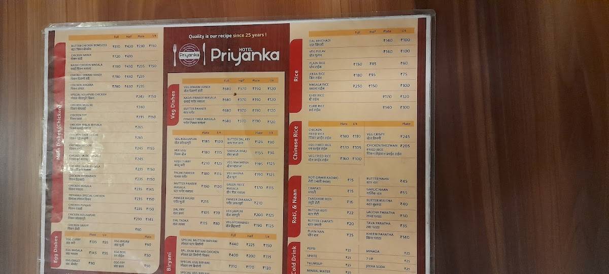 Hotel Priyanka Family Restaurant menu