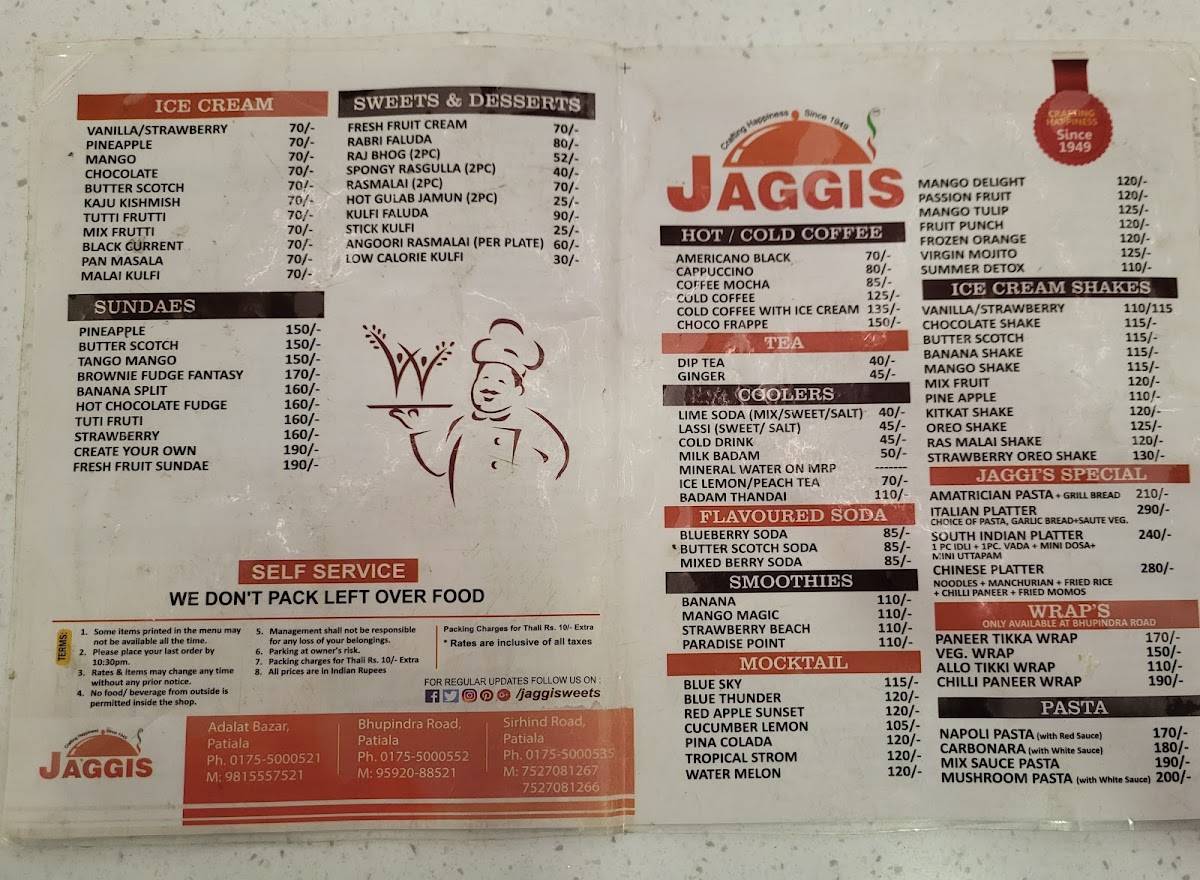 Jaggi sweets menu