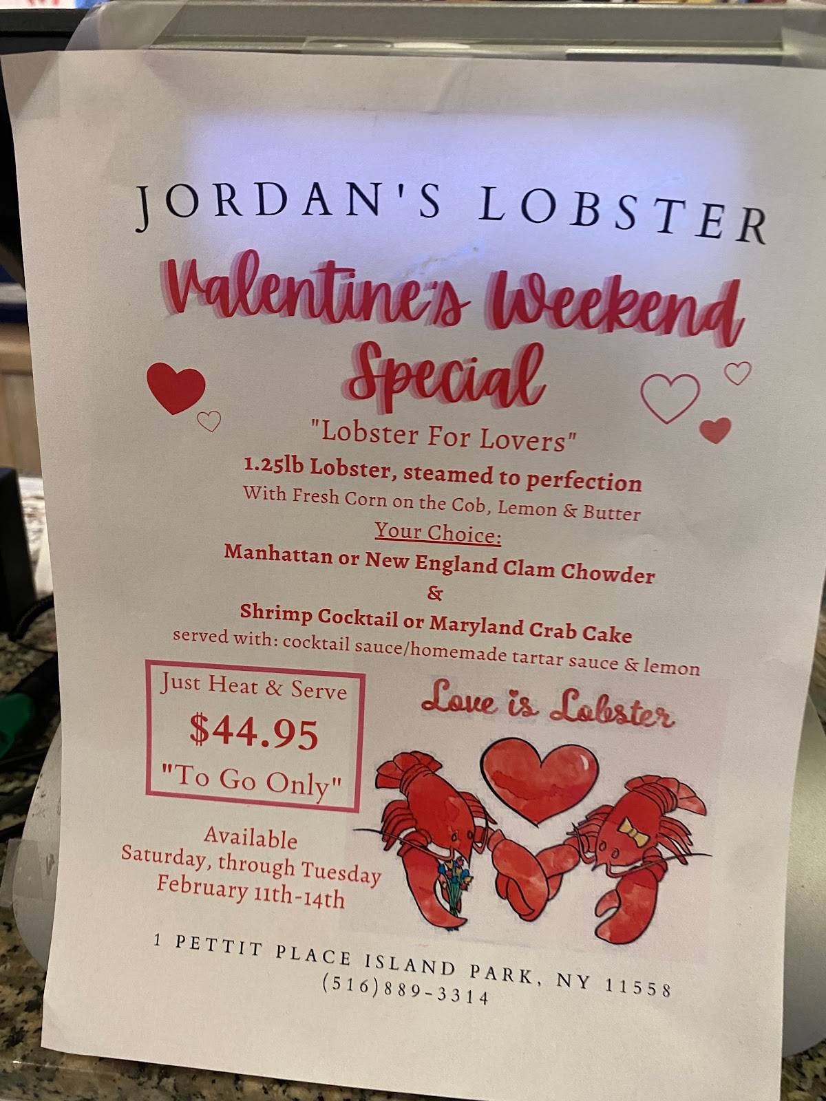 Menu at Jordan Lobster Farms restaurant, Island Park