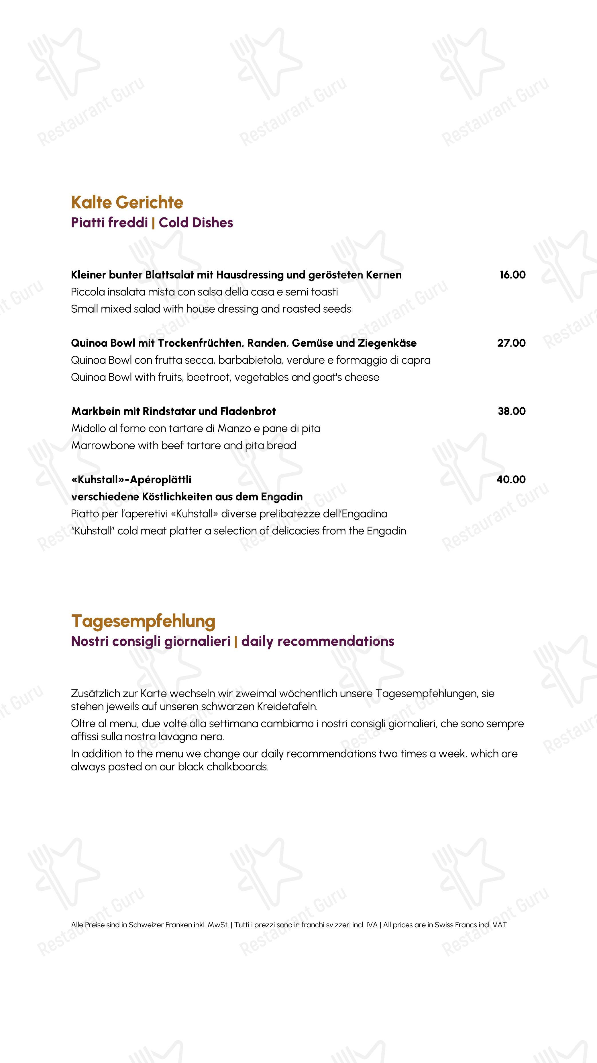 Restaurant Kuhstall in Sils im Engadin/Segl - Menu