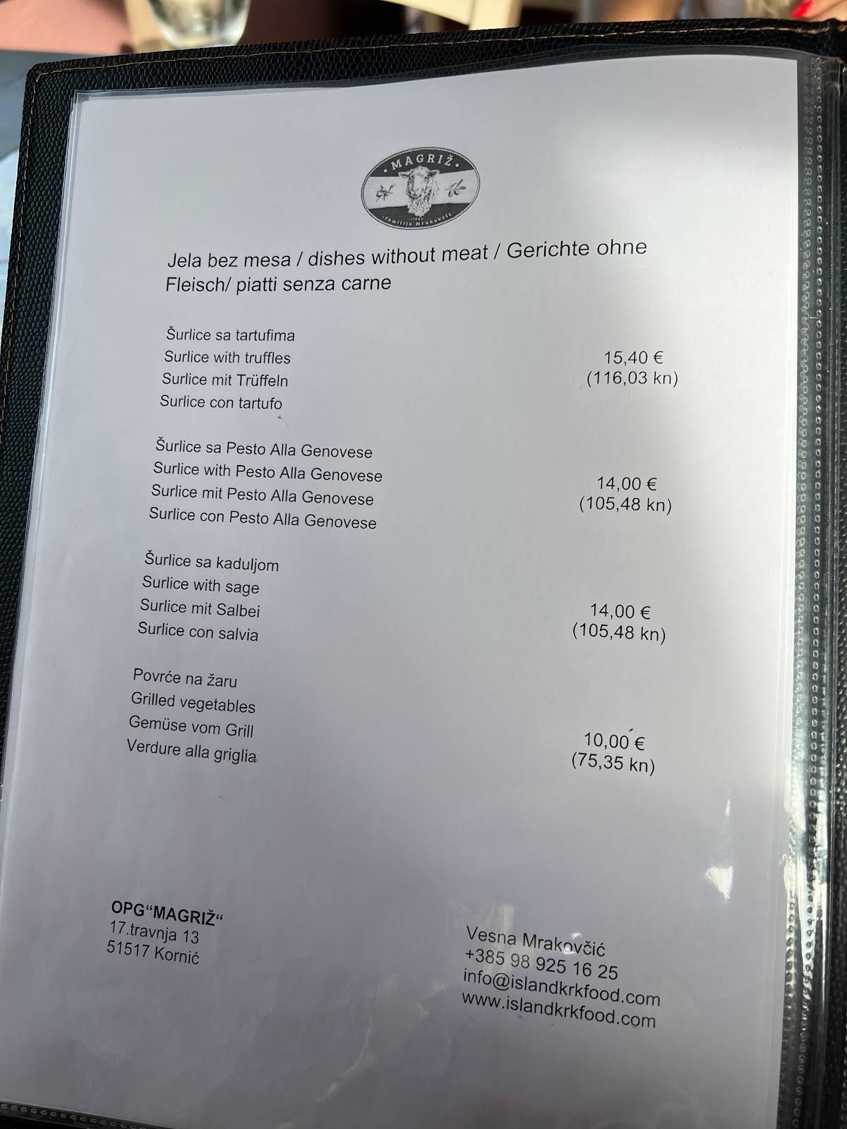Menu di KUŠAONA MAGRIŽ Vesna Mrakovčić 