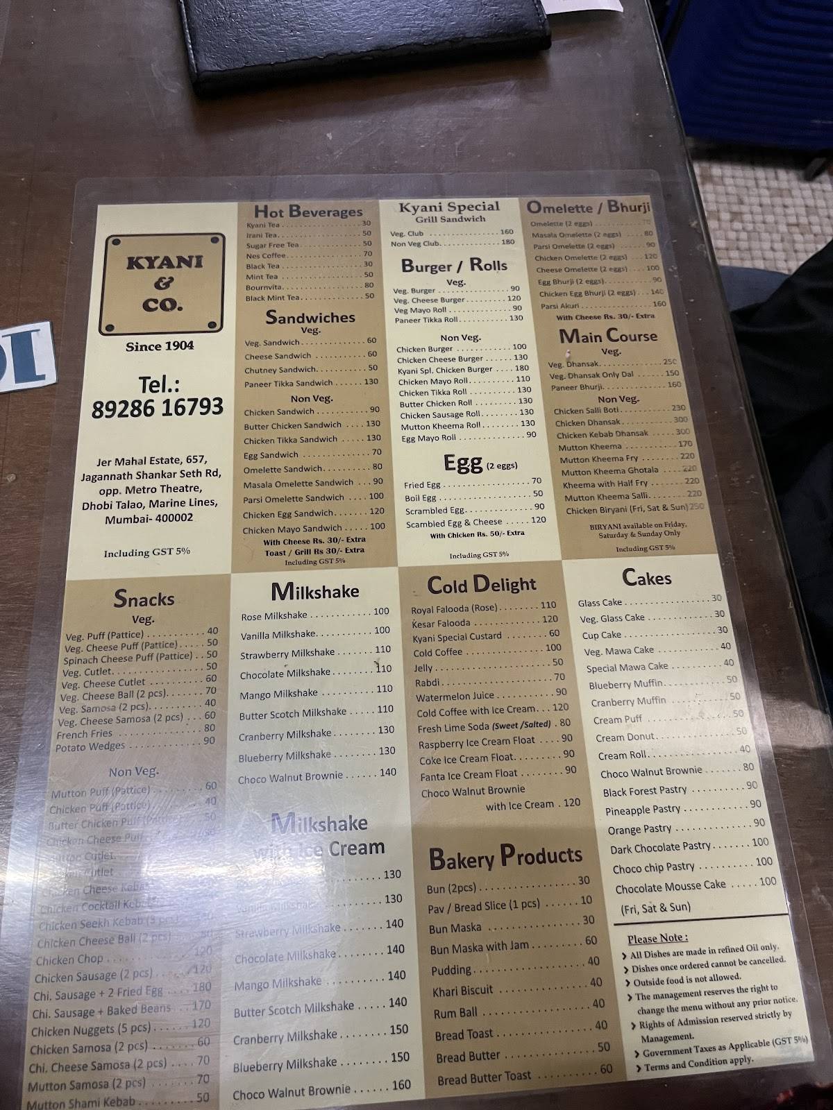 Kyani & Co. Legendary Irani Restaurant, Bakers menu