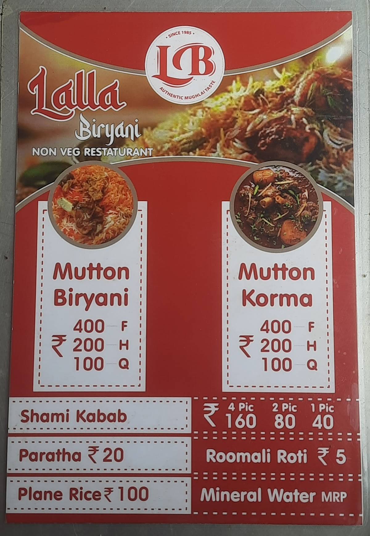 Lalla Biryani menu
