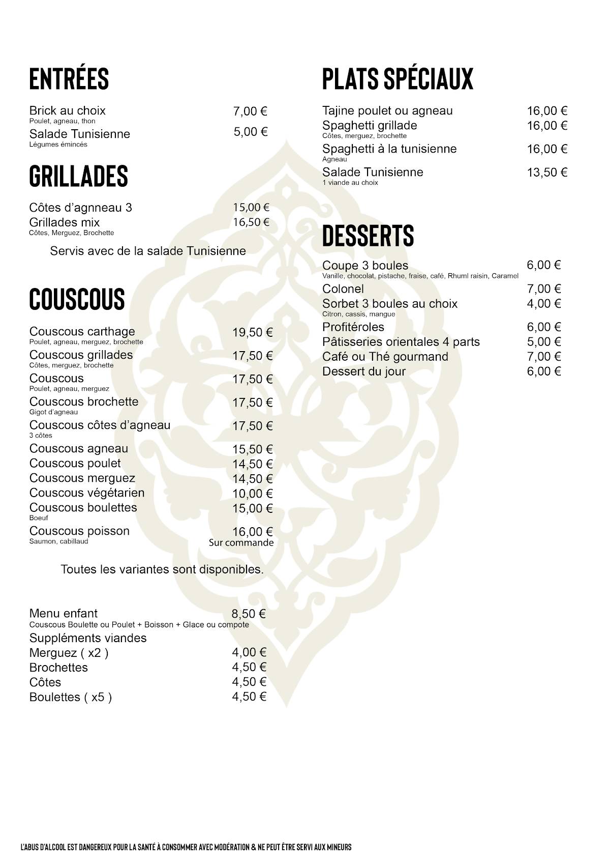 Menu au Le Carthage restaurant, Lens
