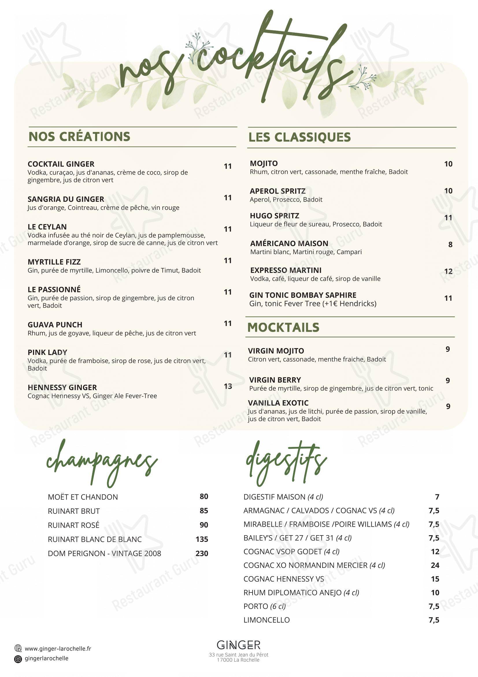Menu pour Restaurant - Le Ginger dans La Rochelle