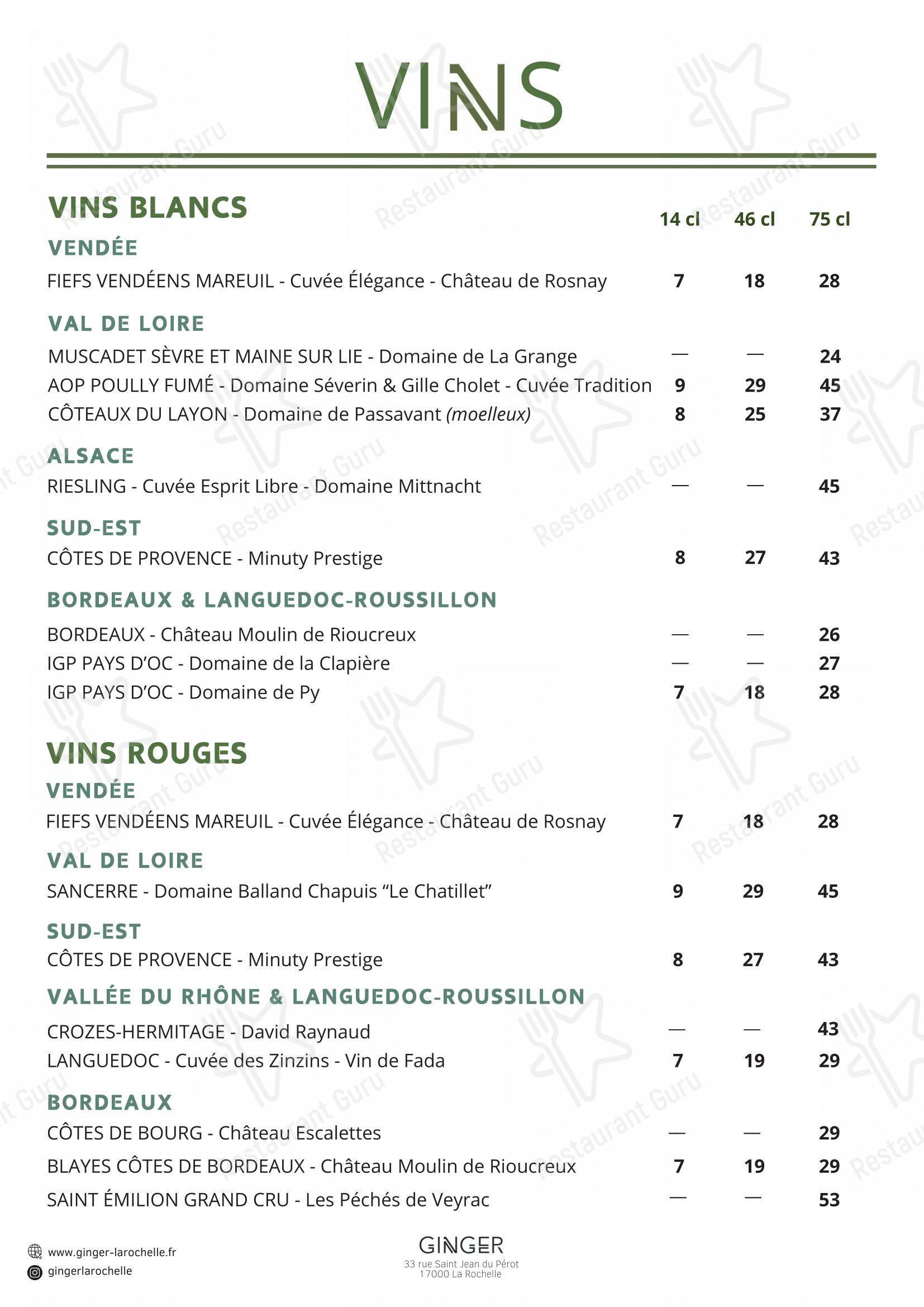 Menu pour Restaurant - Le Ginger dans La Rochelle