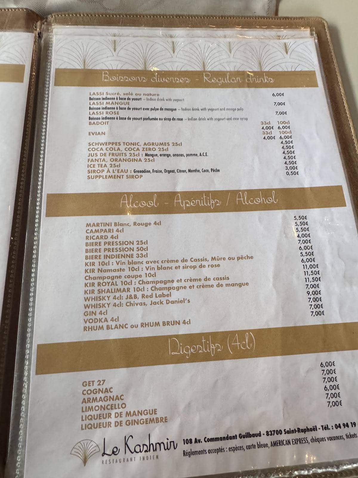 Menu de Le Kashmir