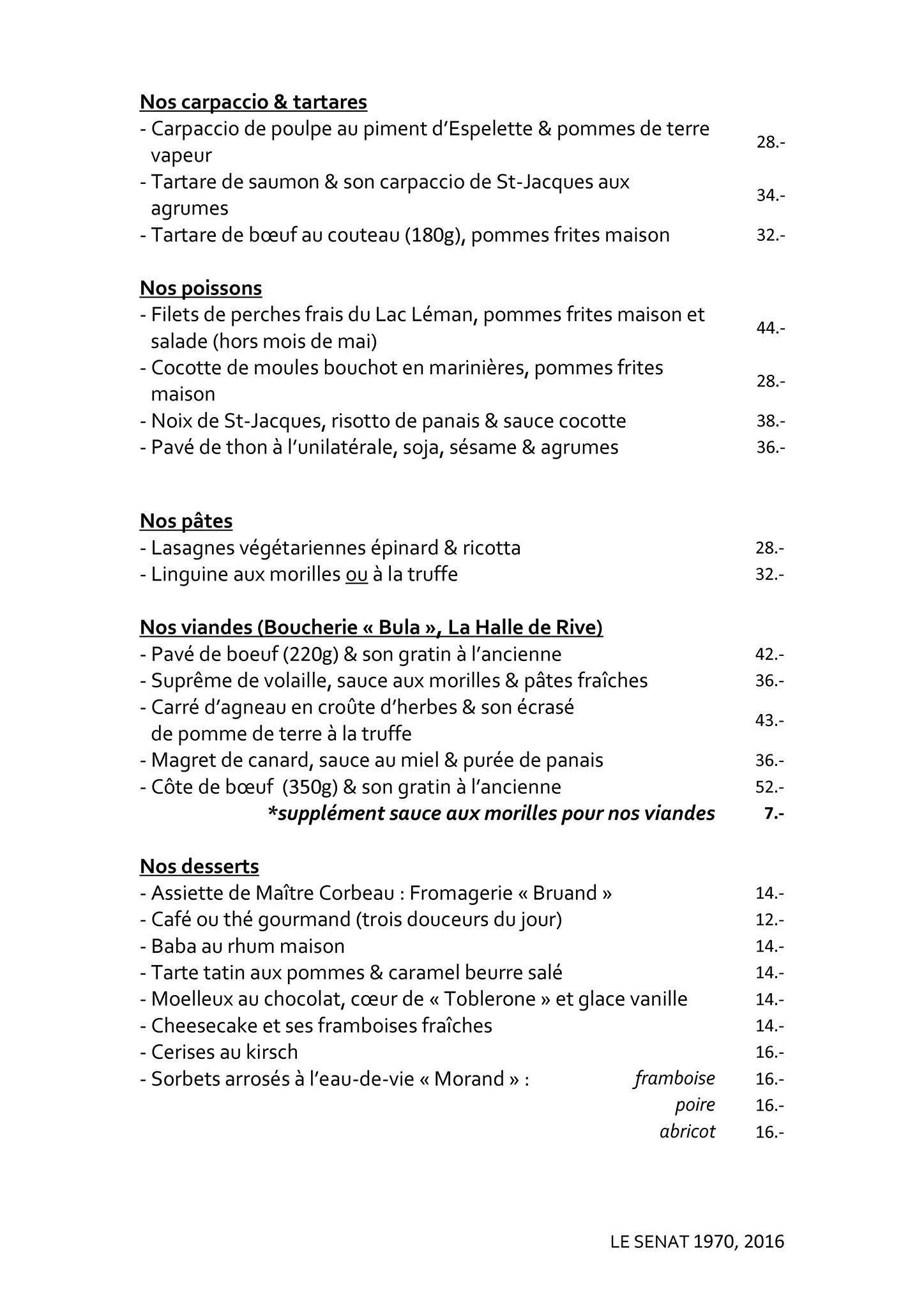 Menu de Restaurant Le Sénat 1970