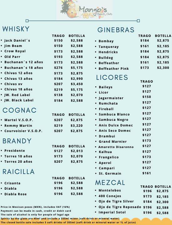 Menu at Mangos Beach Club, Puerto Vallarta