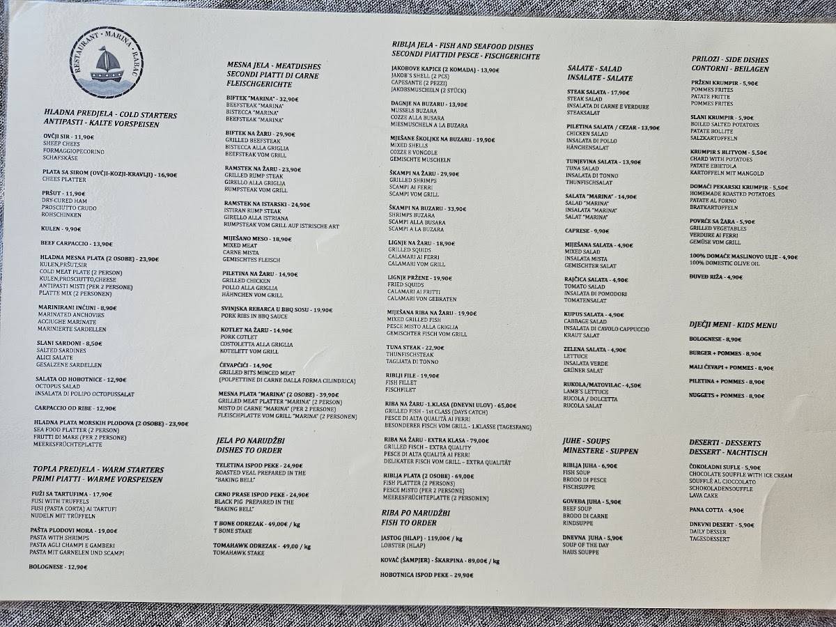 Menu di Restaurant Marina 