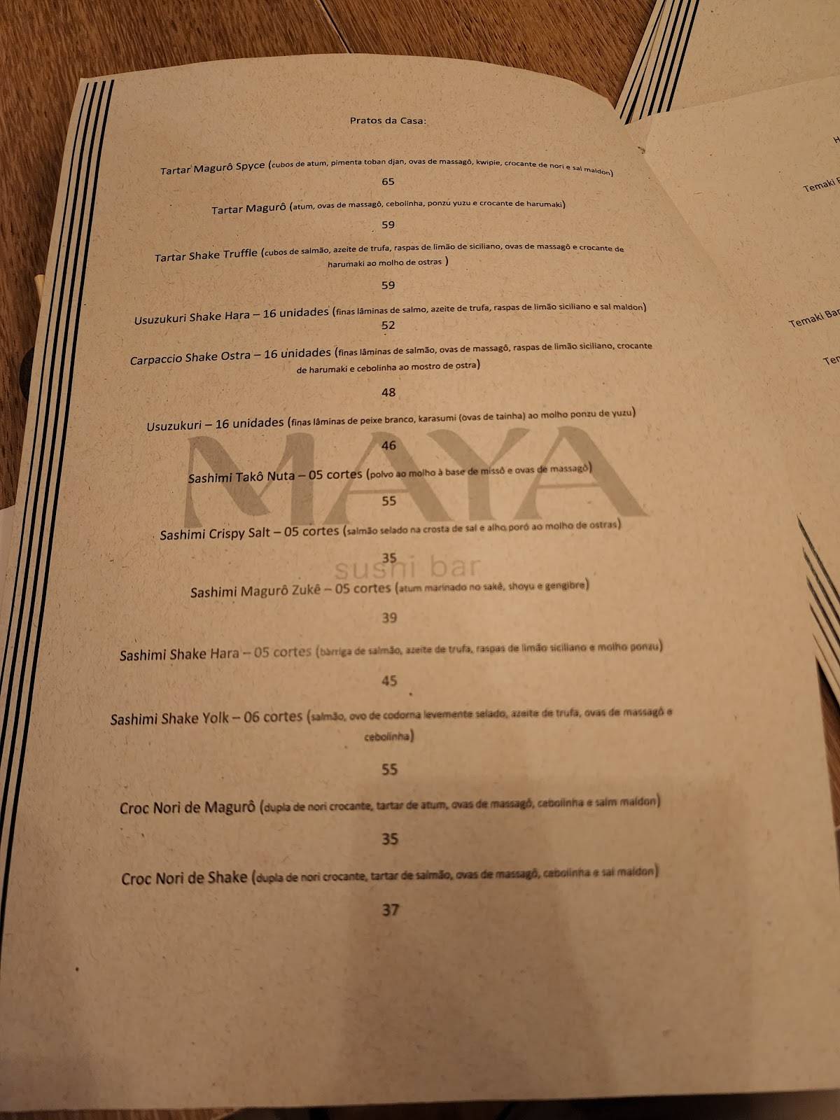 Maya Sushi Bar cardápio