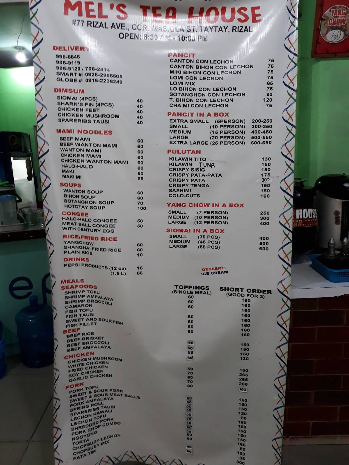 Menu at Mel's Tea House restaurant, Taytay