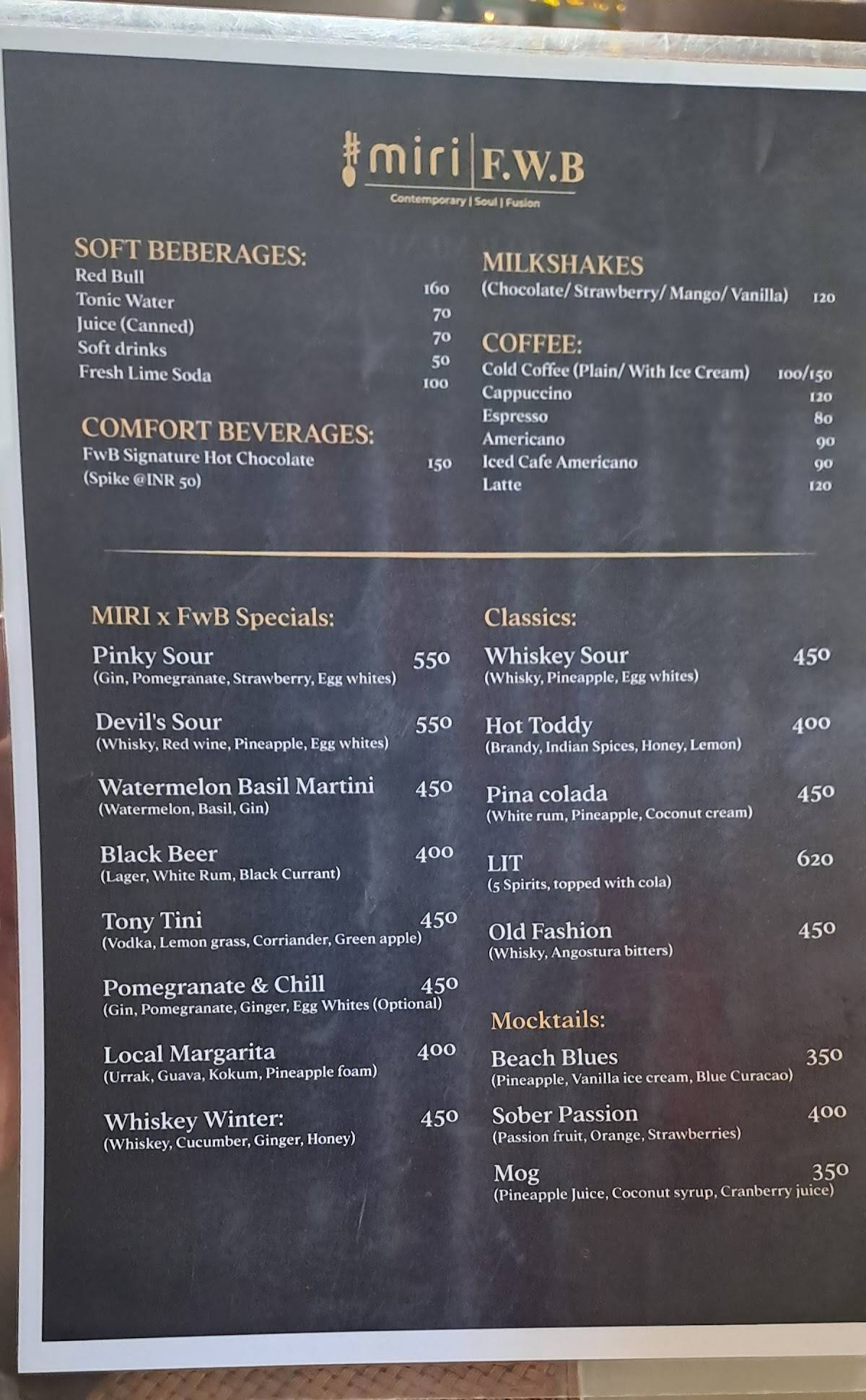 Miri Global Fusion Dining Miramar, Panjim menu