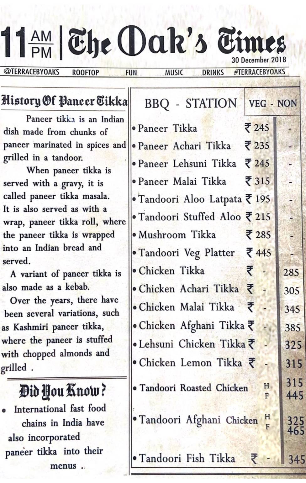 OAKSLAND menu