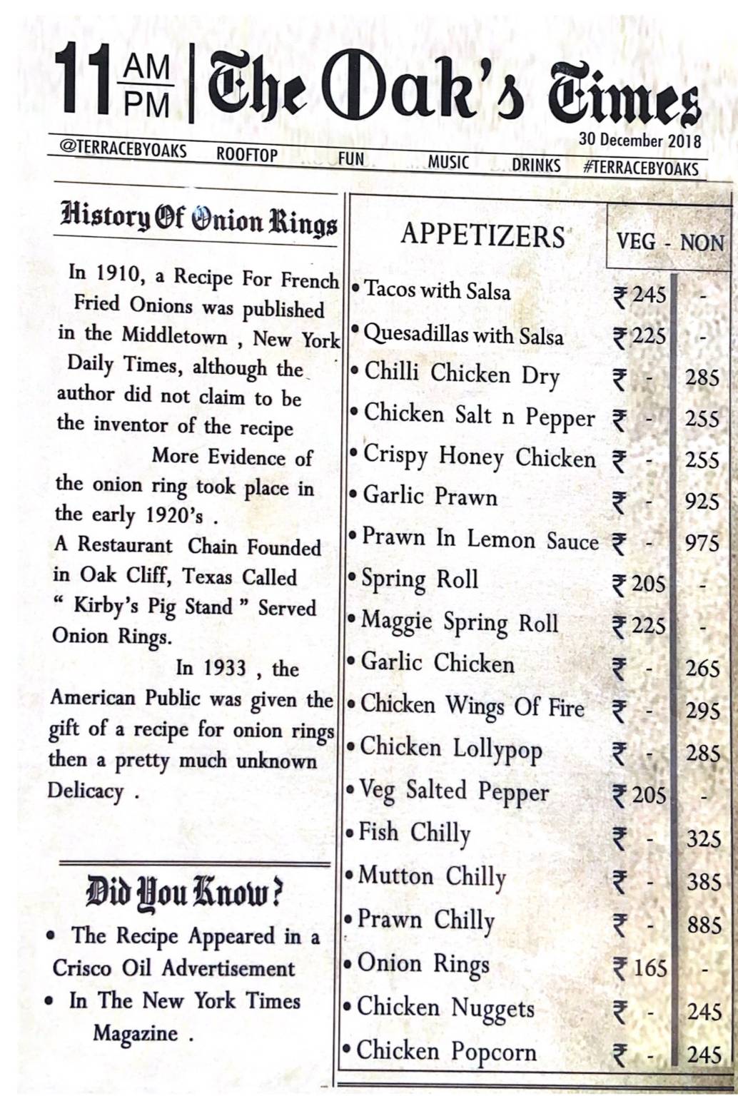 OAKSLAND menu