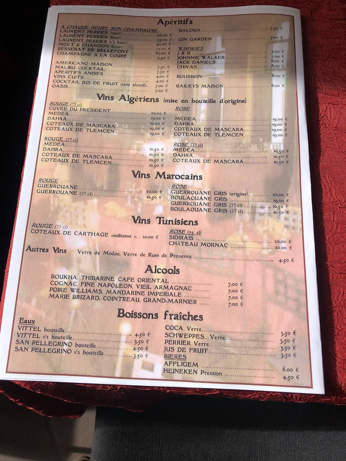 Menu de Restaurant Oriental Le Baloua