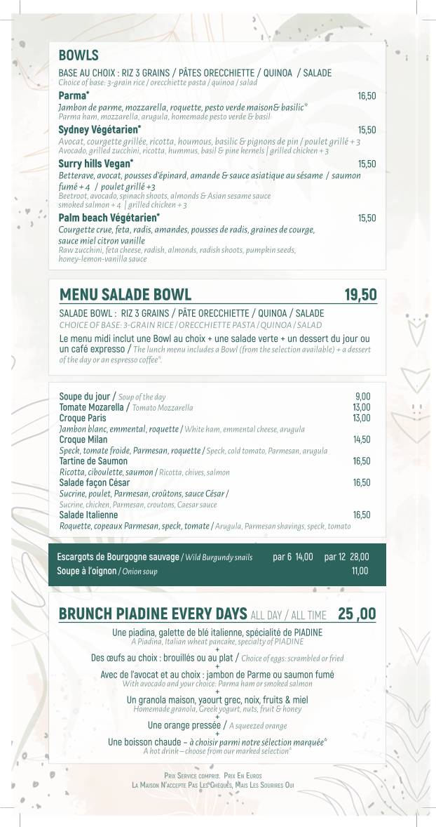 Menu de Café PIADiNE