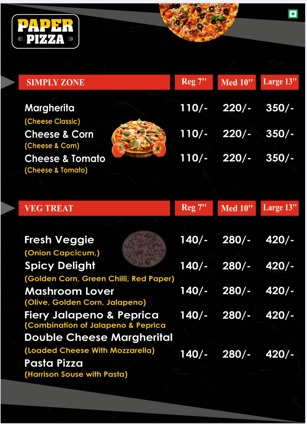 Paper Pizza menu