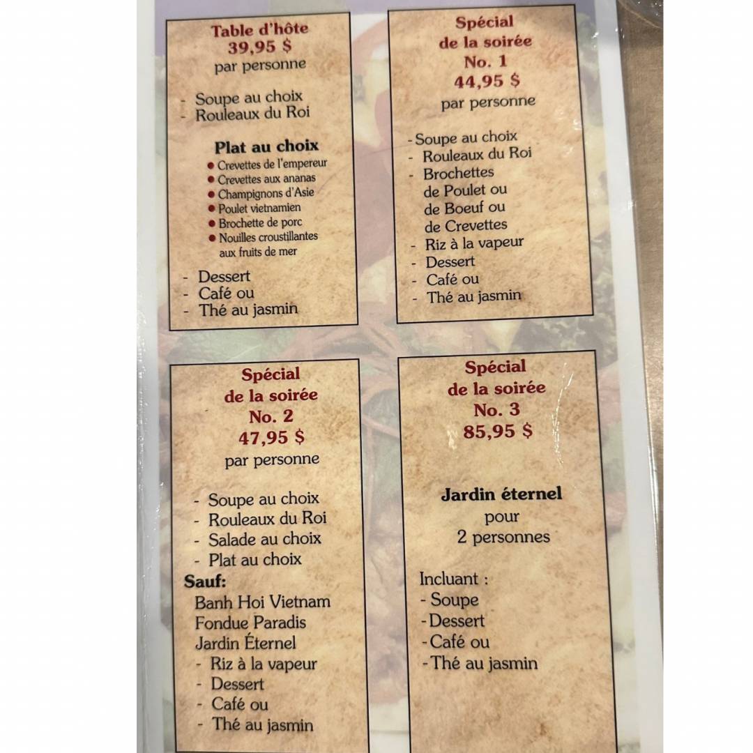 Menu de Restaurant Paradis D'Asie