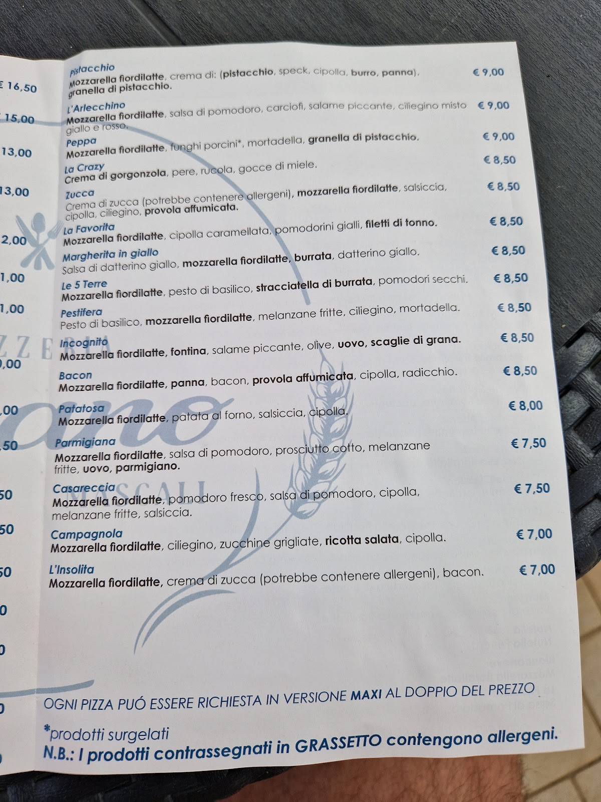 Menu di Pizzeria Grano Mascali 