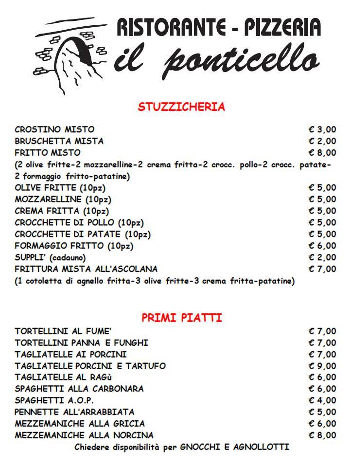 Menu di Ristorante Pizzeria Il Ponticello 