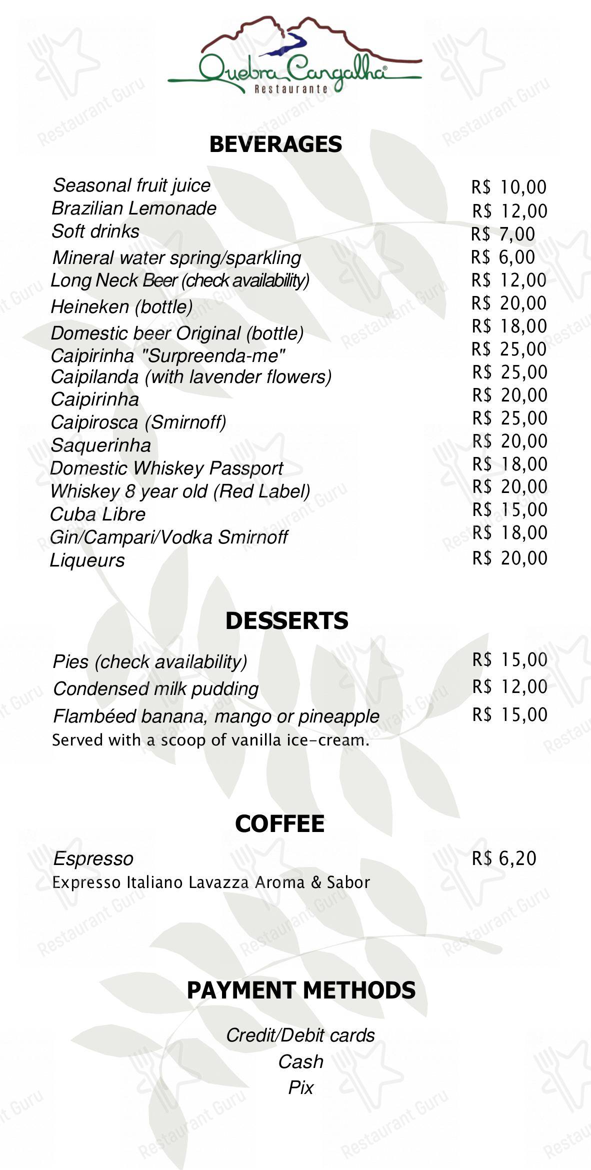 Quebra Cangalha menu - 菜单