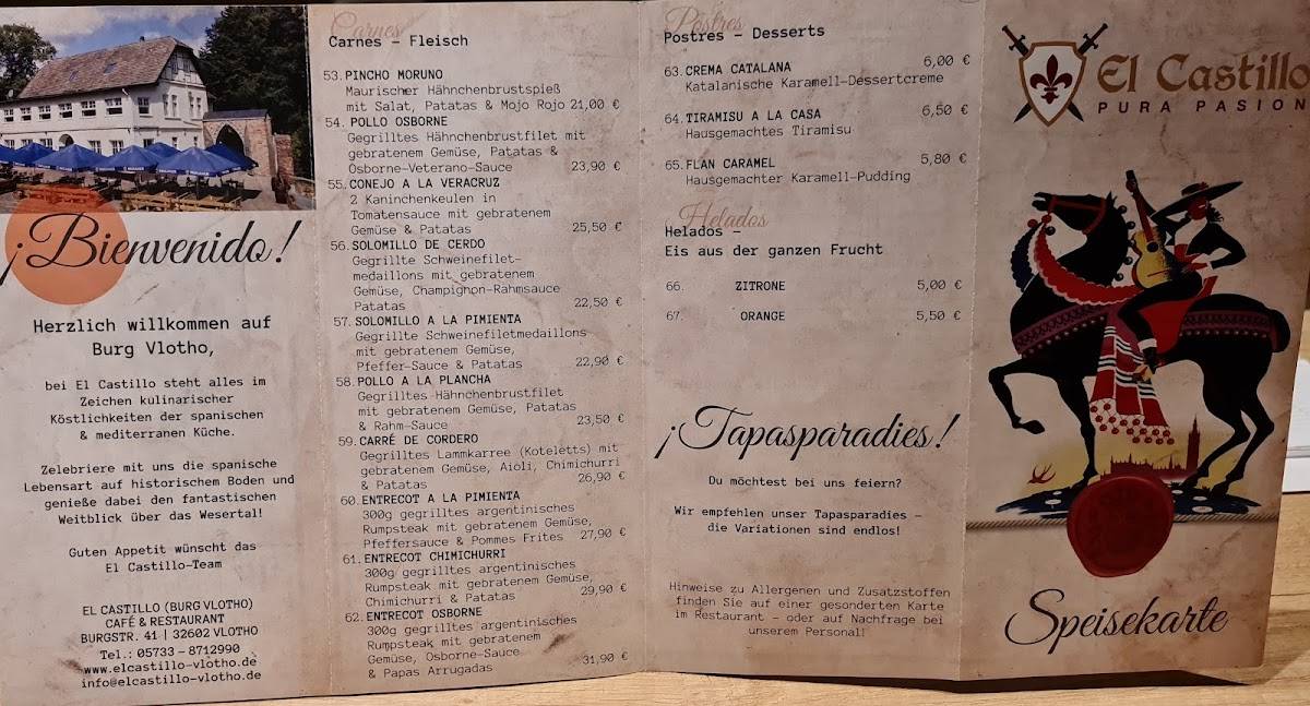 Speisekarte von El Castillo Burg Vlotho restaurant, Vlotho