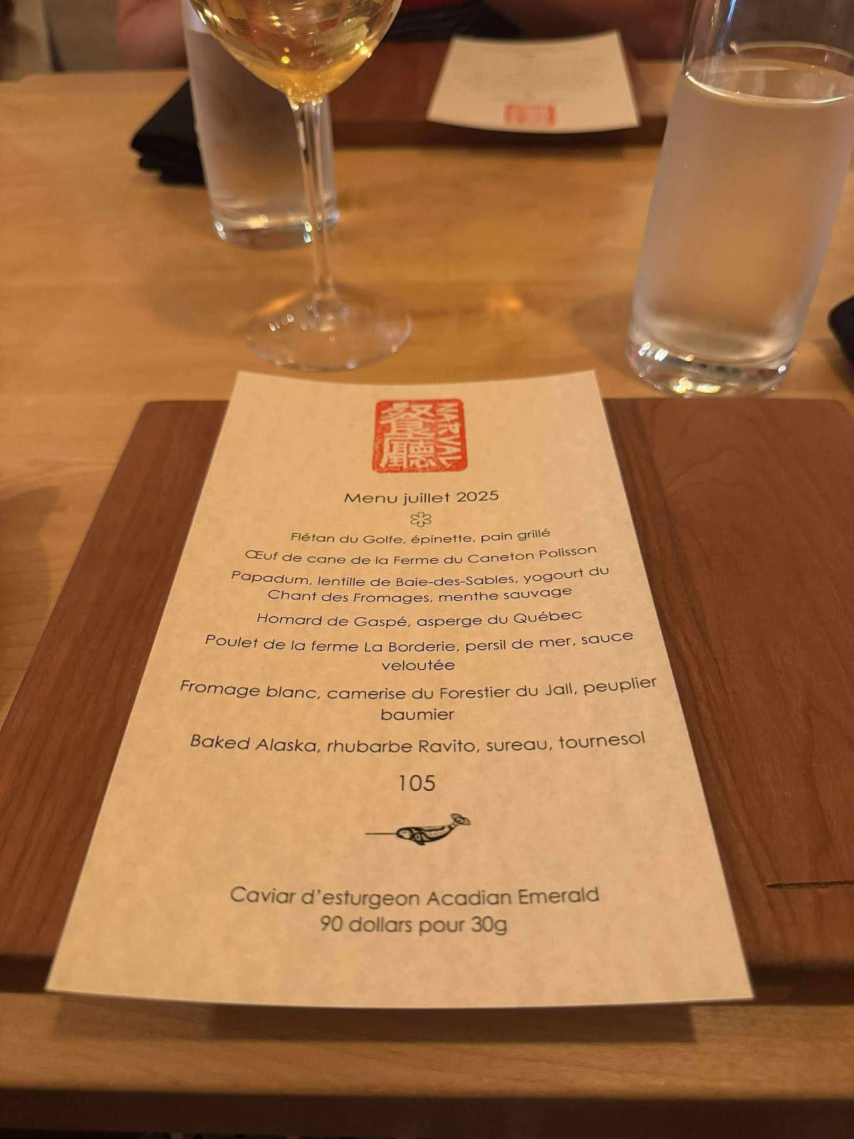 Menu de Restaurant Narval