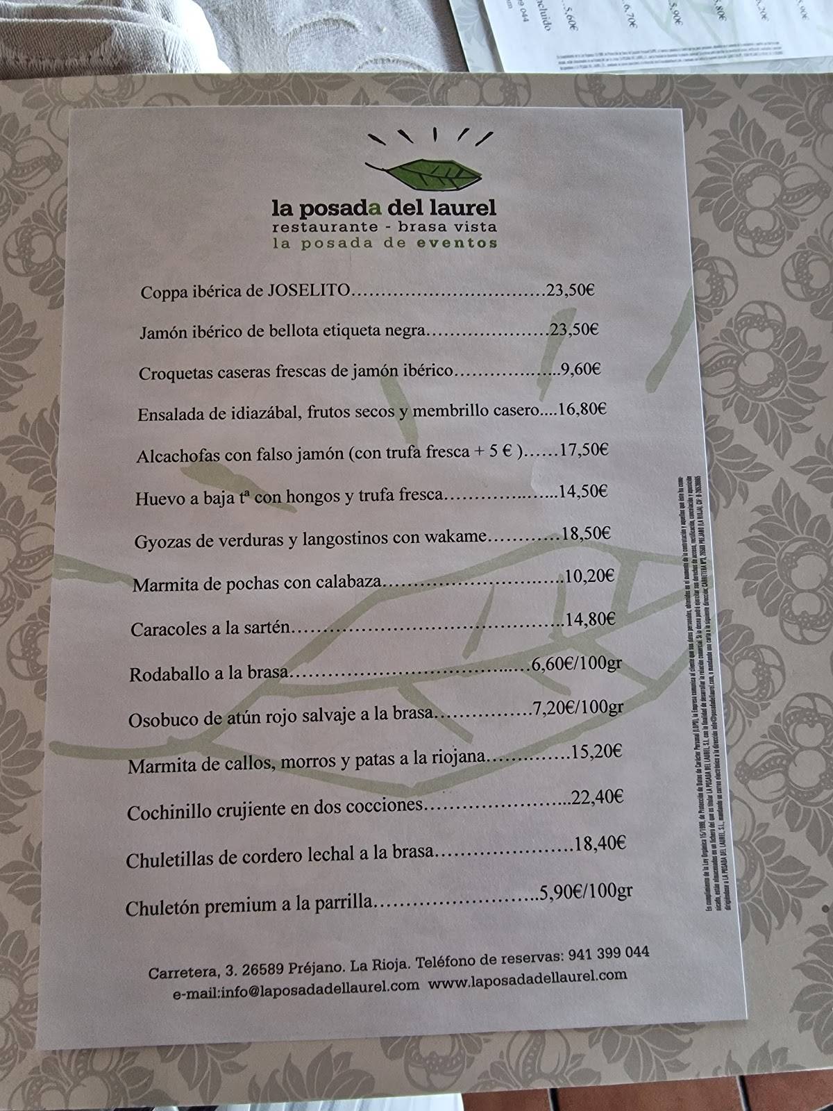 Carta de Restaurante La Posada Del Laurel, Préjano