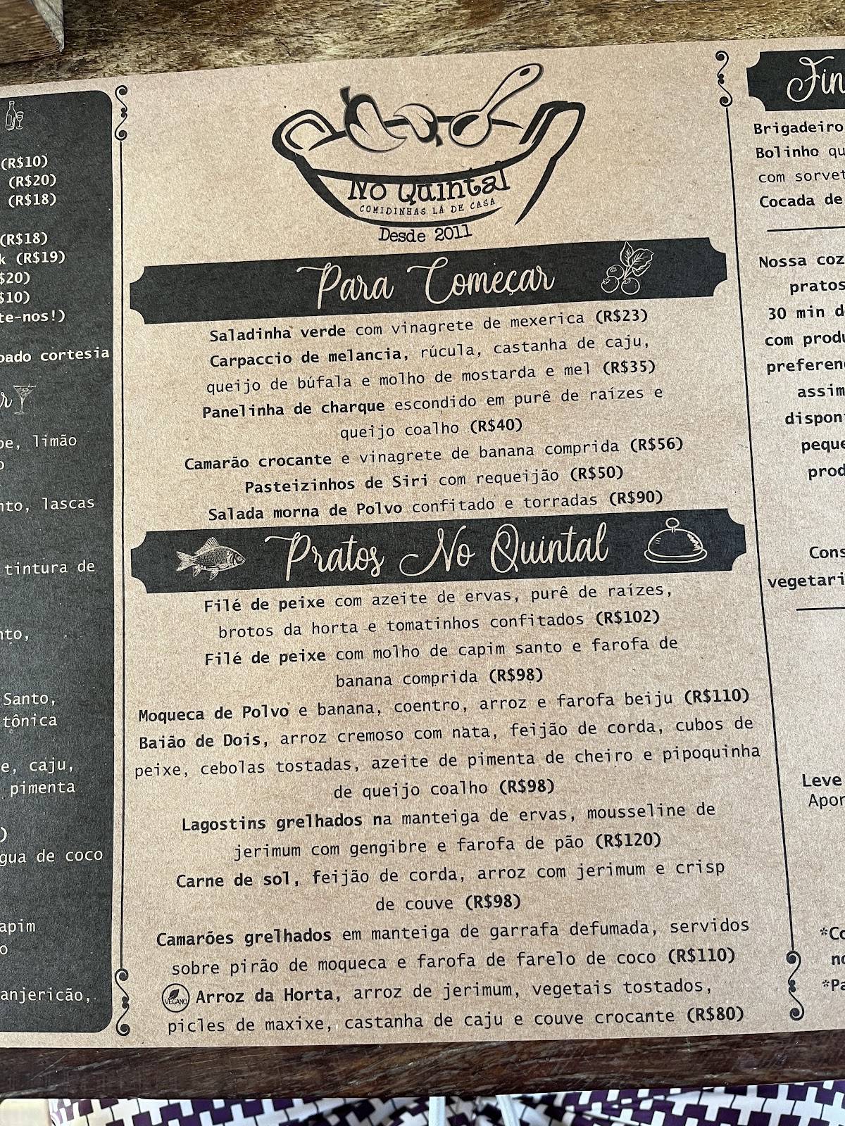 Restaurante No Quintal cardápio