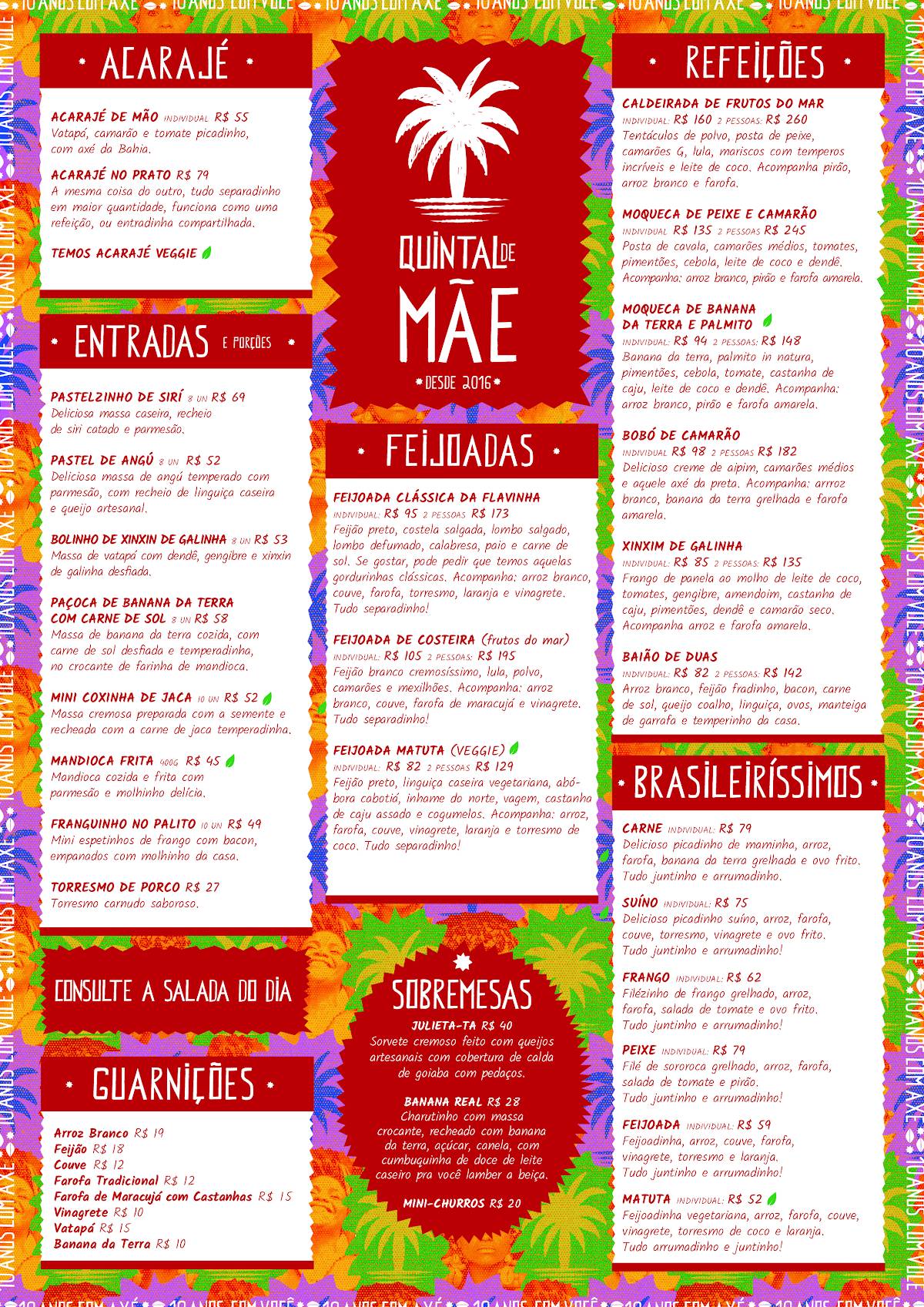 Quintal de mãe cardápio