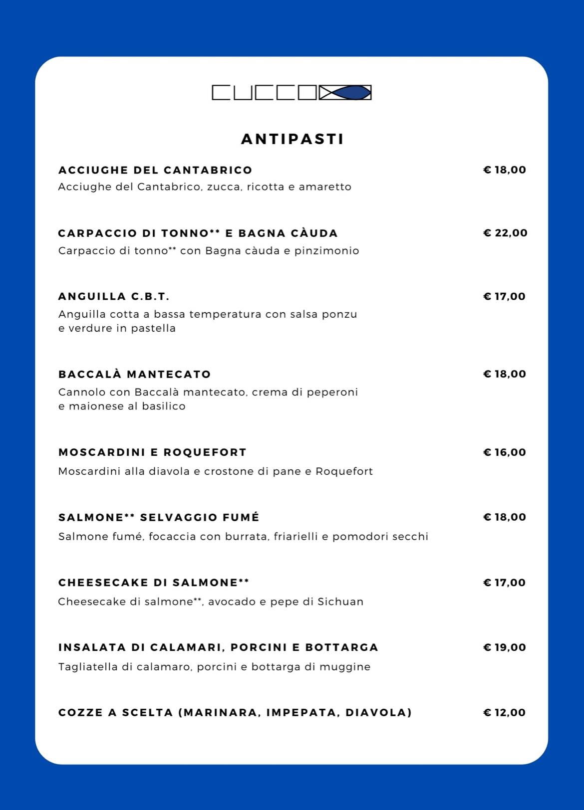 Menu di Ristorante Cucco - Pesce e Frutti di mare 