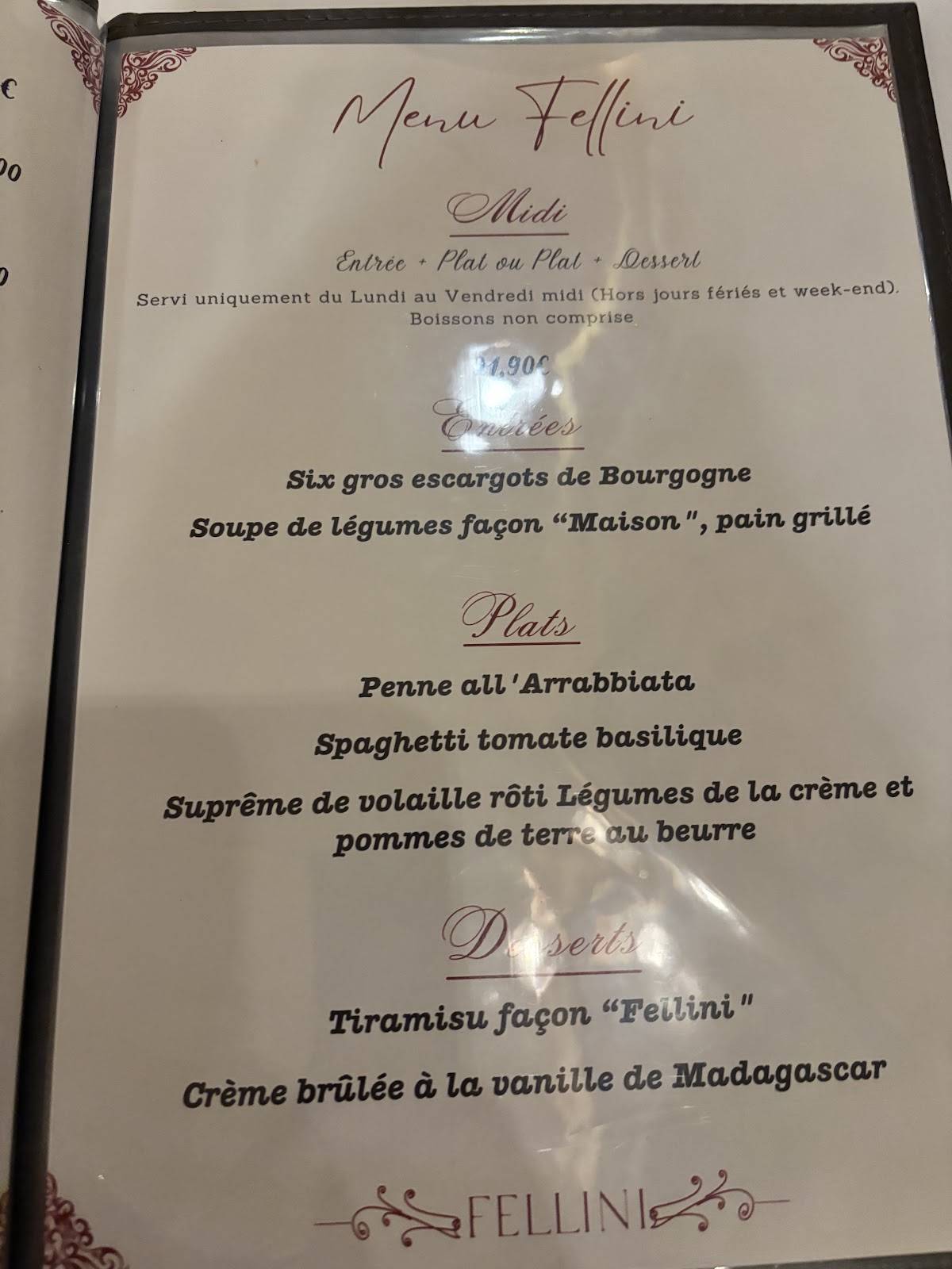 Menu de Ristorante Fellini