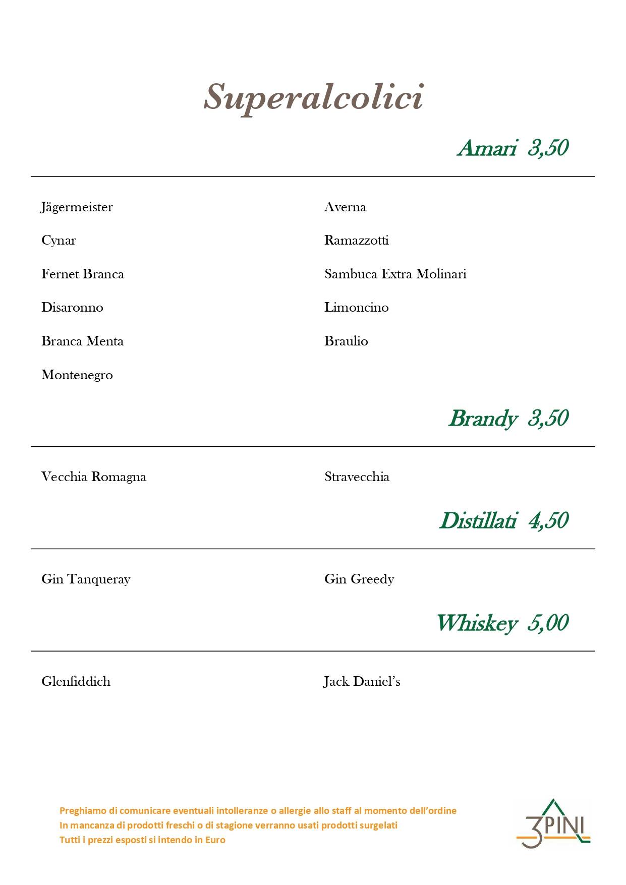 Menu di Ristorante Pizzeria Bar Tre Pini 