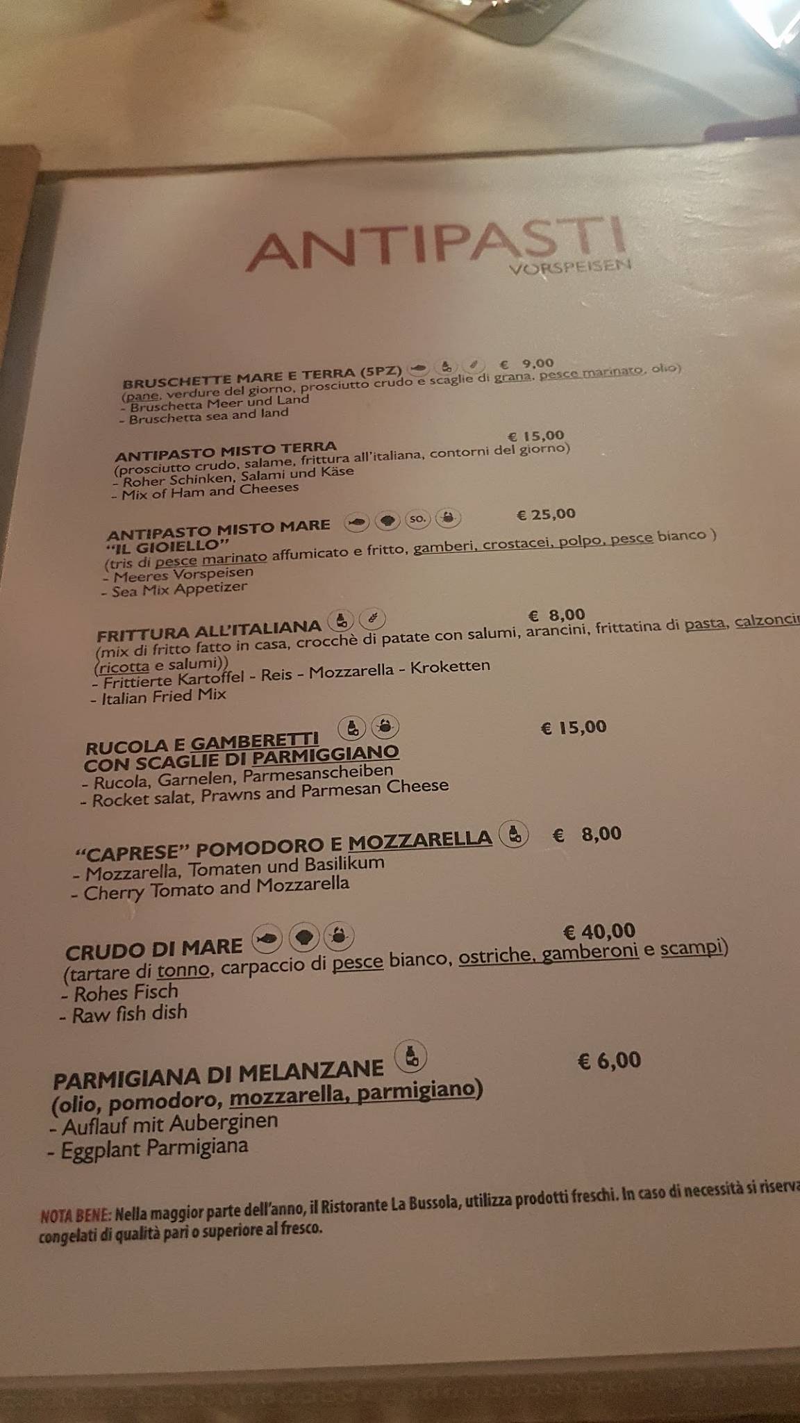 Menu di La Bussola 